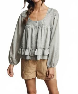 NEW FORTE ruffle hem peasant blouse in sage